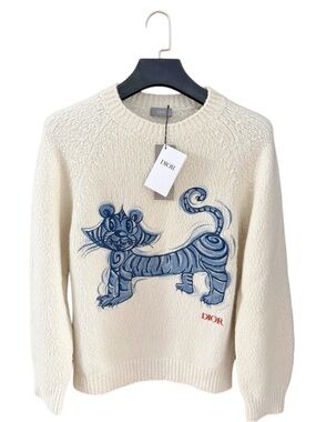 Authentic Dior Cream Crewneck Sweater with Blue Tiger Graphic